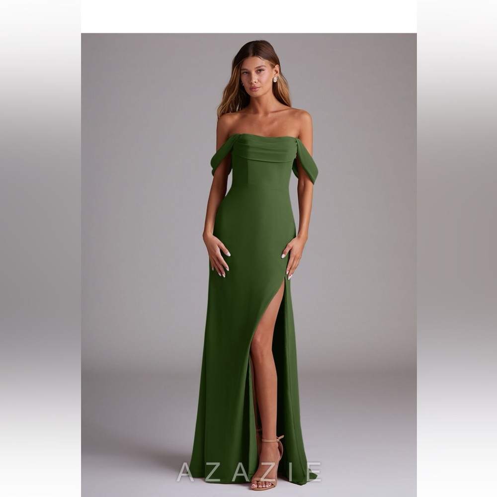 NWT Azazie Olive Green Off-Shoulder Evening Gown